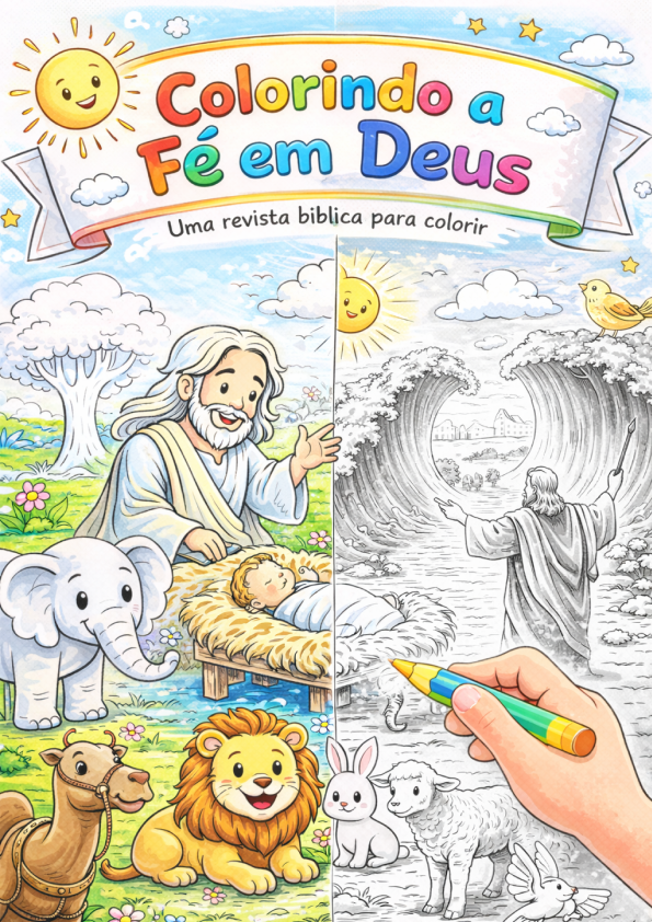 Revistinha Colorindo a Fé em Deus: capa com cenas bíblicas para colorir